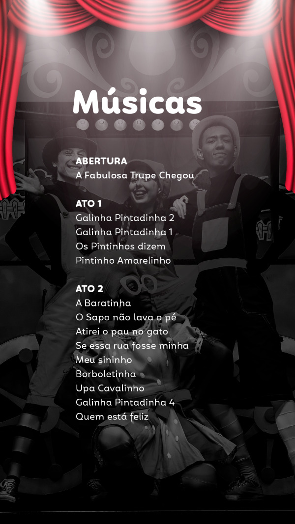 Estes são os atos do show. Ato 1: Galinha Pintadinha 2, Galinha Pintadinha 1, Os Pintinhos dizem e Pintinho Amarelinho. Ato 2: A Baratinha, O Sapo não lava o pé, Atirei o pau no gato, Se essa rua fosse minha, Meu sininho, Borboletinha, Upa Cavalinho, Galinha Pintadinha 4, Quem está feliz.